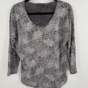 Fresh Produce Pullover Womens Small Gray Floral Long Sleeve V Neck Made‎ USA Top